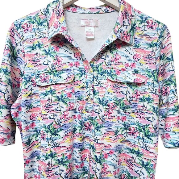 STELLA PARKER Polo Top Medium Pink Palms Print Short Sleeve Stretch Jersey Golf - Picture 2 of 9